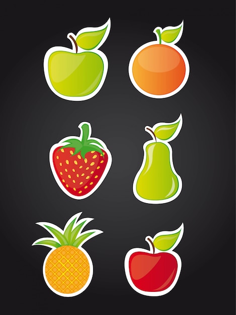 Seis frutas lindas sobre fondo negro ilustración vectorial