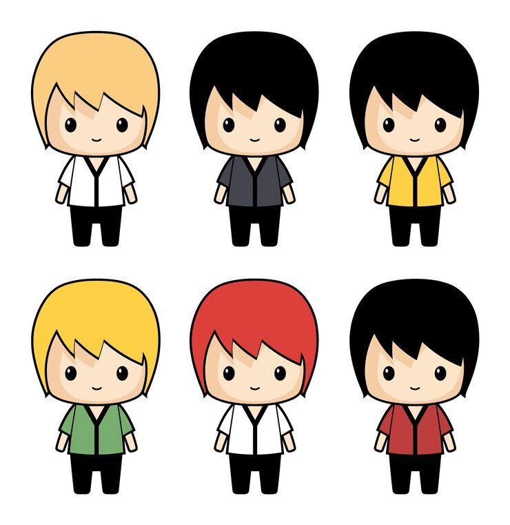 Seis hombres de negocios de estilo chibi tres hombres tres mujeres diferentes colores de cabello dibujos animados lindos