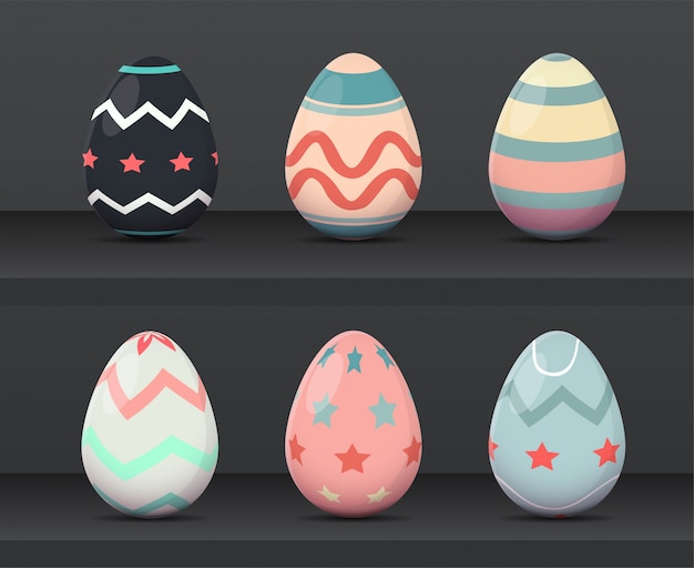 Vector seis huevos de pascua con adornos coloridos