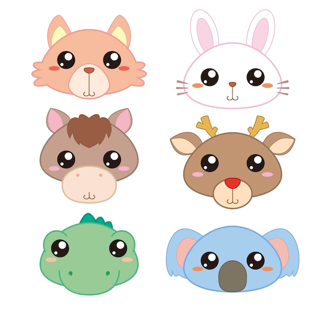 Vector seis iconos de cabeza de animal de dibujos animados lindo