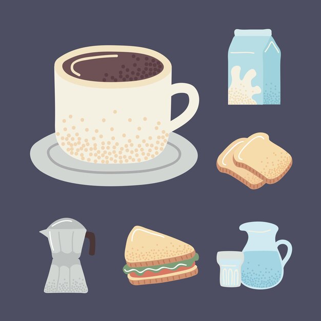 Vector seis iconos de comida de desayuno