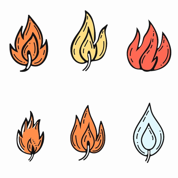 Seis iconos de llamas al estilo de dibujos animados que representan el fuego diversas formas colores arte de líneas simples Conjunto