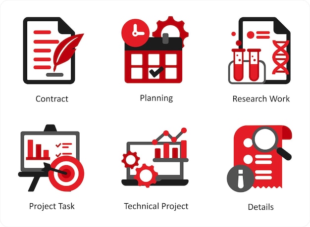 Seis iconos de negocios en rojo y negro como trabajo de investigación de planificación de contratos