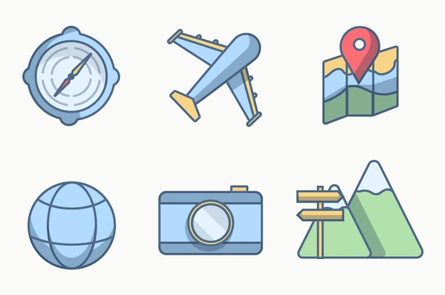 Seis iconos o viajes de objetos con líneas de estilo color.