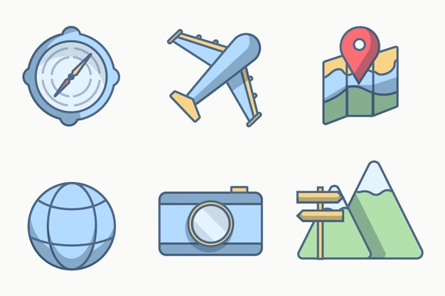 Vector seis iconos o viajes de objetos con líneas de estilo color.