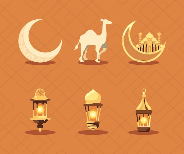 Seis iconos planos de eid mubarak