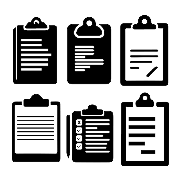 Seis iconos del portapapeles Conjunto de listas de comprobación de documentos Diseño de arte vectorial aislado Ilustración