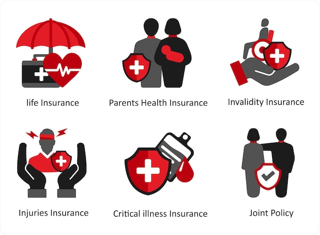 Vector seis iconos de seguro en rojo y negro como seguro de vida padres seguro de salud seguro de invalidez