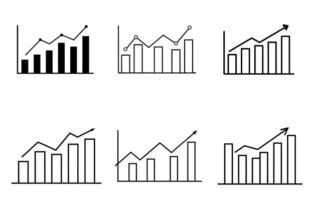 Seis íconos simples de gráficos financieros que ilustran el crecimiento