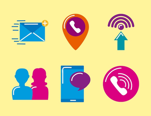 Seis iconos de tecnología de comunicación