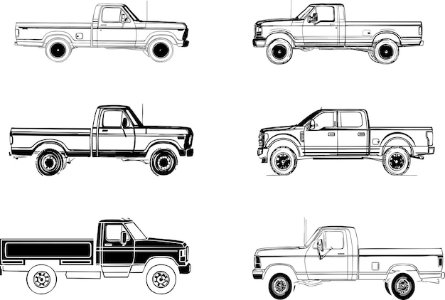 Seis ilustraciones clásicas de camiones en estilo de arte de línea simple perfectas para el diseño automotriz