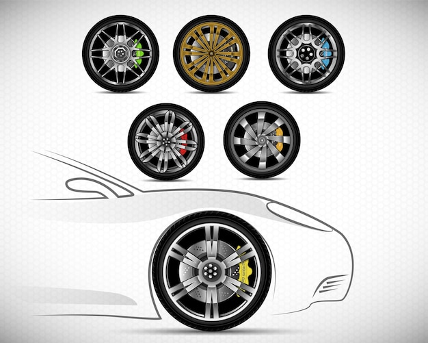 Seis juegos de ruedas Concept Car Llantas Ilustración con freno de disco deportivo en variaciones de colores