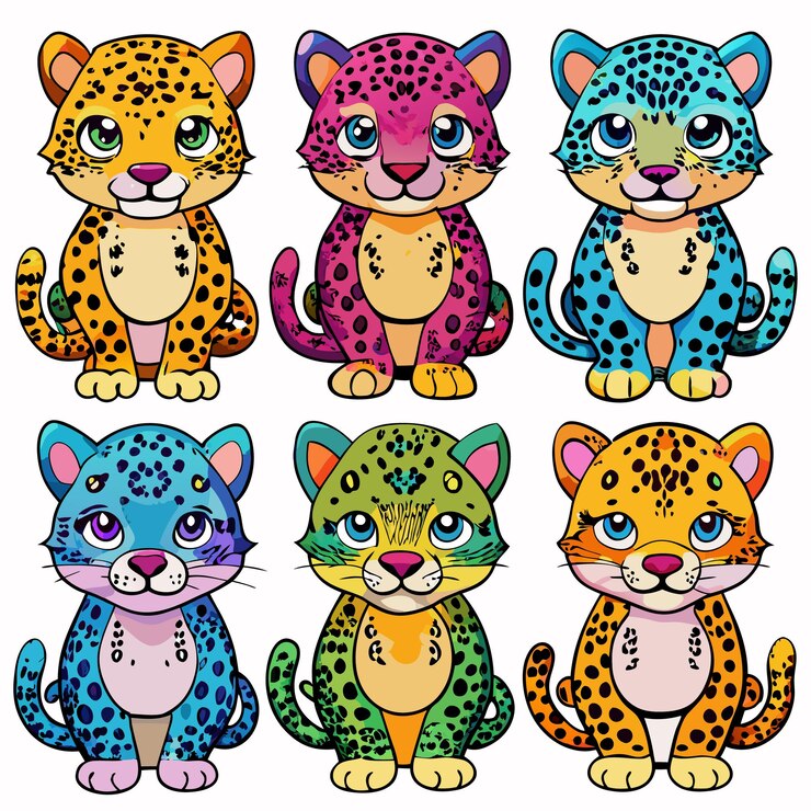 Vector seis leopardos de dibujos animados con diferentes colores y patrones