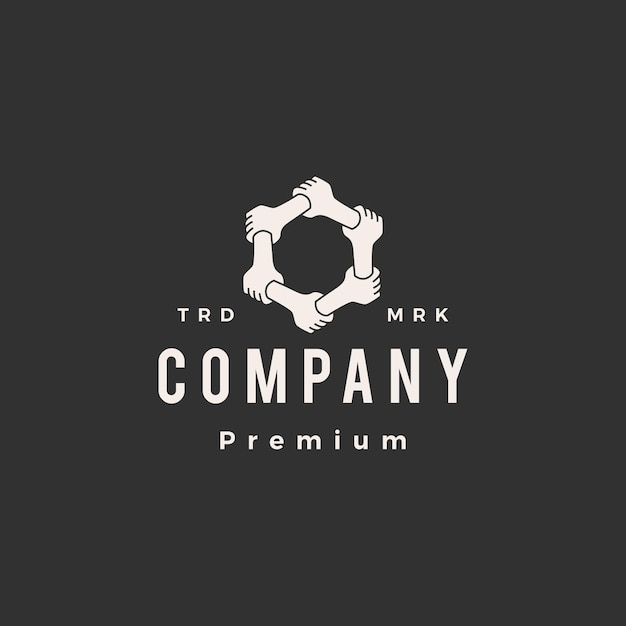 Seis manos abrazados mutuamente trabajo en equipo familia hipster vintage logo vector icono ilustración