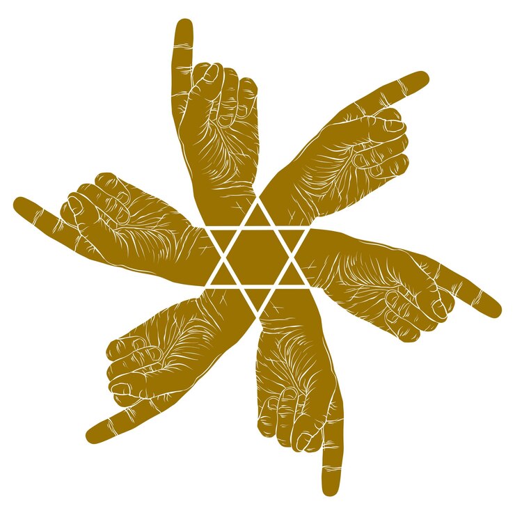 Vector seis manos que señalan símbolo abstracto con estrella hexagonal, emblema especial de vector de un solo color con manos humanas.