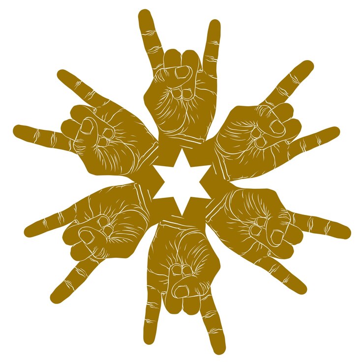 Vector seis manos de roca símbolo abstracto con estrella hexagonal, vector de un solo color emblema especial con manos humanas.