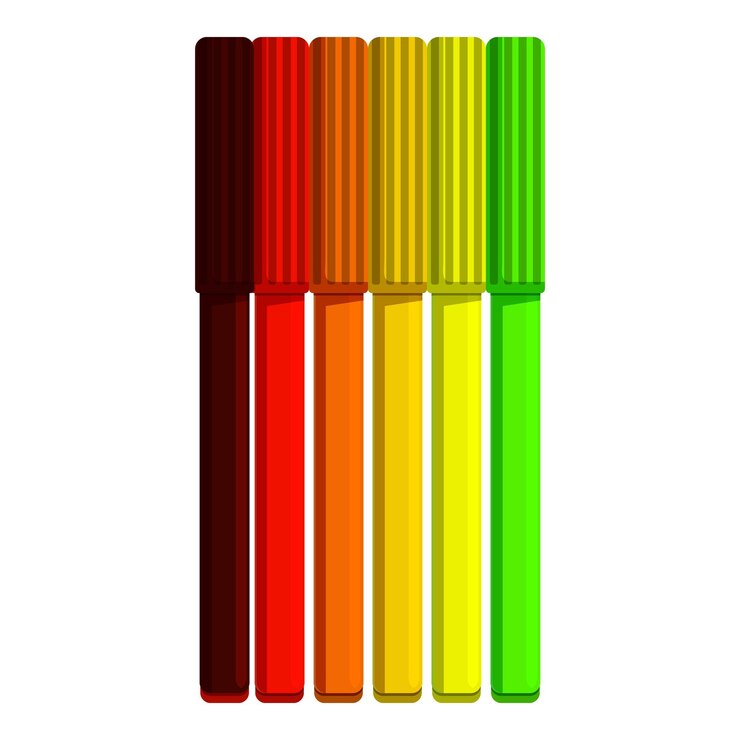 Seis marcadores de colores de pie en una fila creando un gradiente