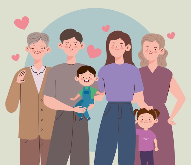 Seis miembros y corazones de la familia coreana.