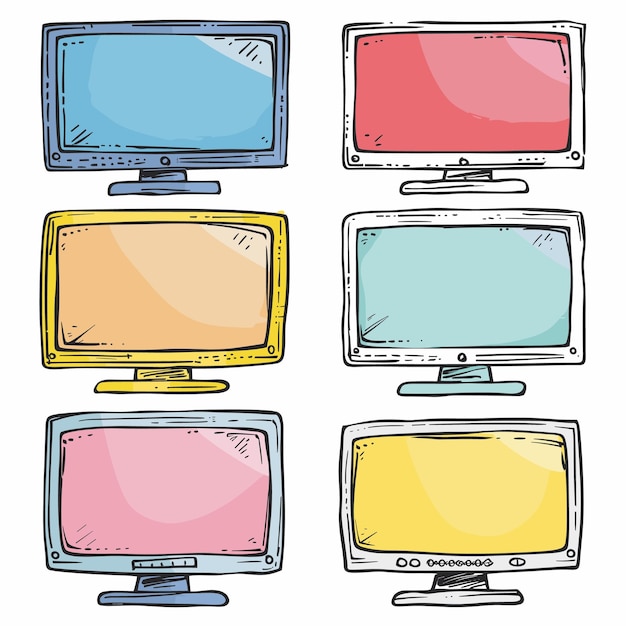 Seis monitores de dibujos animados de colores mostrados verticalmente y horizontalmente en pantallas de diferentes colores