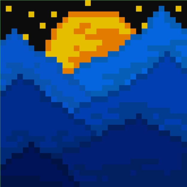 seis montañas en la noche con estilo pixel art