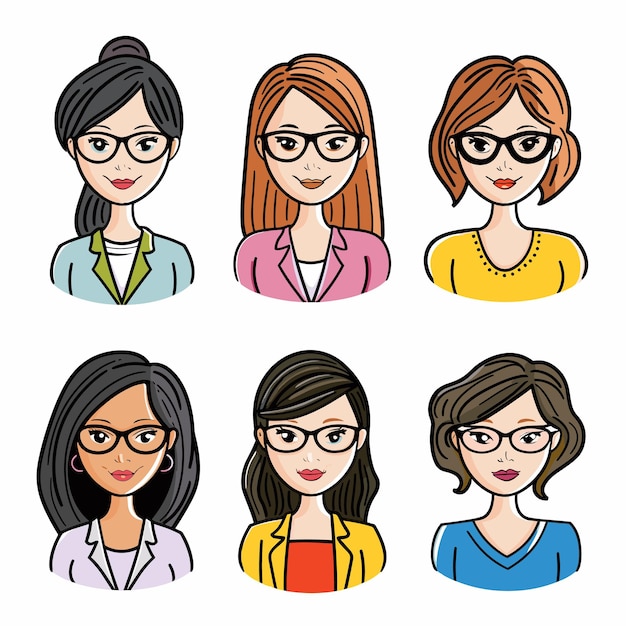 Seis mujeres de dibujos animados diferentes muestran diversos peinados gafas opciones de ropa