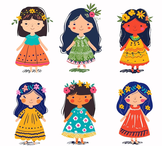 Seis muñecas de dibujos animados diversas niñas con vestidos coloridos bandas florales en la cabeza personaje de la niña sonriendo