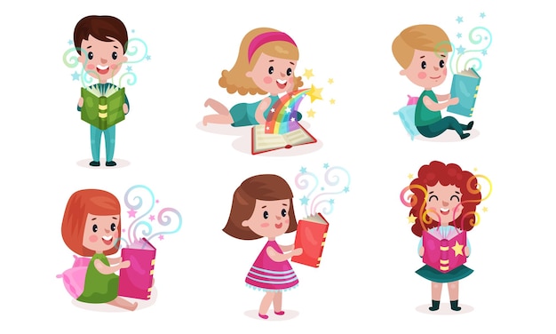 Con seis niños leyendo libros con contenido mágico, bebés acostados, sentados y de pie, sonriendo, libros abiertos, mirando hacia adentro, estrellas y arco iris volando hacia afuera, ilustraciones vectoriales, fondo blanco aislado.
