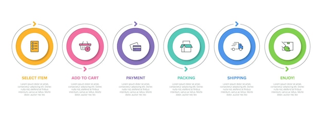 Seis opciones o pasos con iconos y texto para infografías de compras.