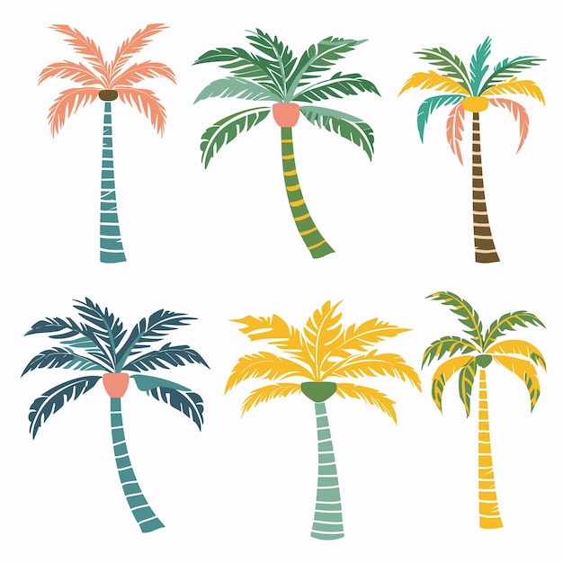 Seis palmeras de colores plantas tropicales ilustración aislado fondo blanco diferentes tonos