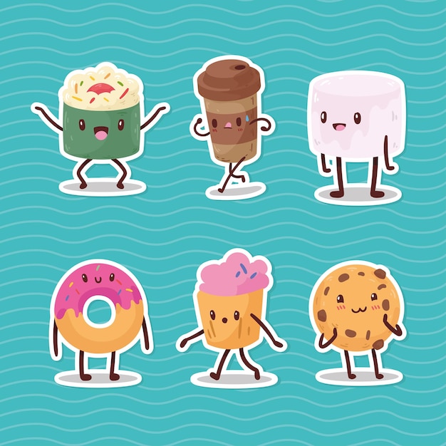 Seis personajes de comida kawaii