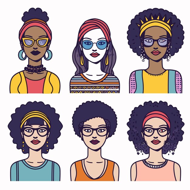 Seis personajes femeninos afroamericanos diversos gafas elegantes moda ropa colorida plana