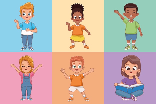 Vector seis personajes infantiles