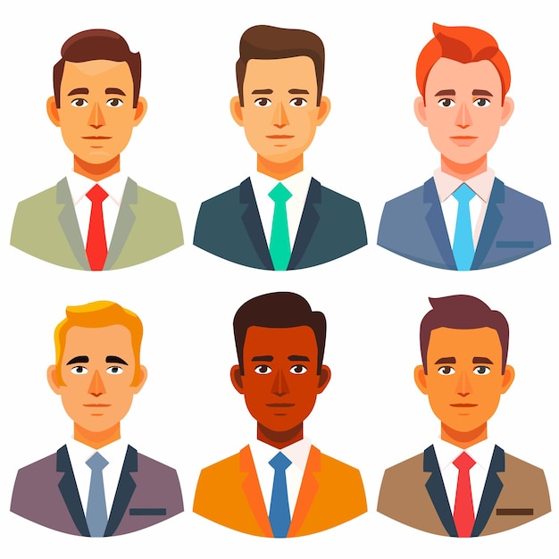Seis personajes masculinos diversos con trajes de negocios profesionales trabajadores de oficina tres hombres en fila