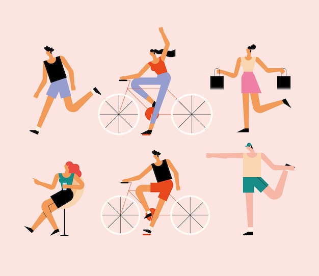 Seis personas personajes de actividades al aire libre.
