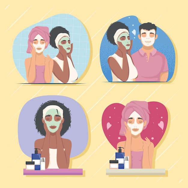 Vector seis personas con personajes de máscaras de skicare.