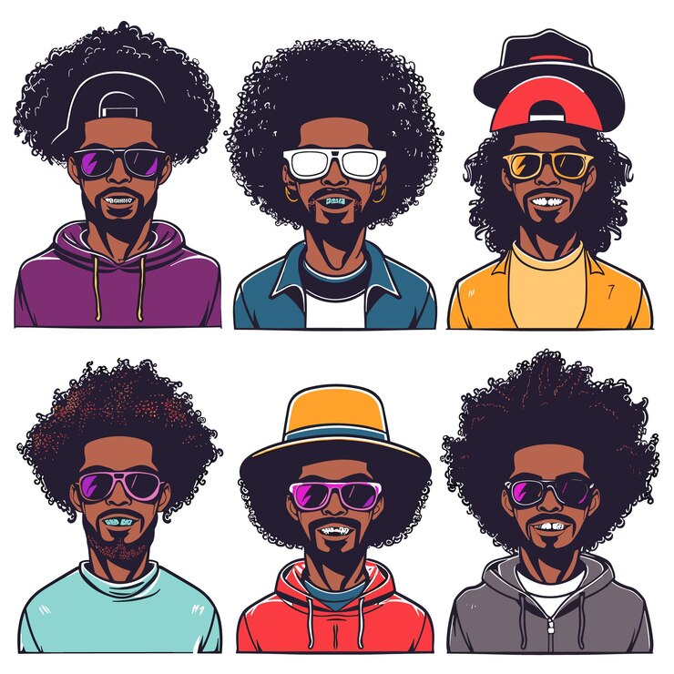 Vector seis retratos estilizados de hombres afrohaired con gafas de moda únicas sombreros diversos hombre moderno