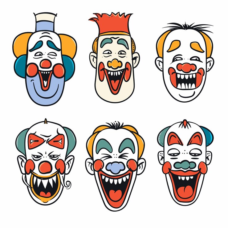 Seis rostros de payasos de dibujos animados expresan varias emociones con distintos peinados de maquillaje de payaso