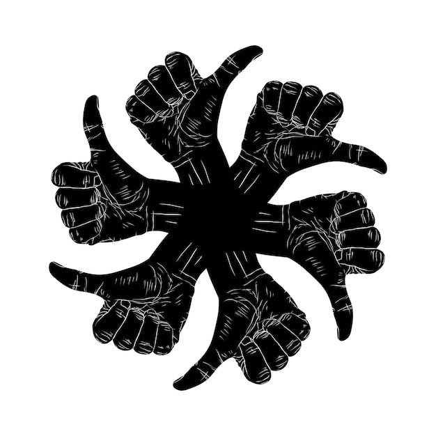 Seis signos de mano con el pulgar hacia arriba en símbolo abstracto redondo, emblema especial vectorial en blanco y negro con manos humanas.