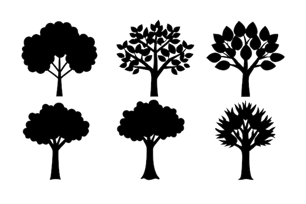 Seis siluetas de árboles negros para el diseño y la decoración