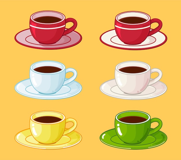 seis tazas de café con platillos en diferentes colores