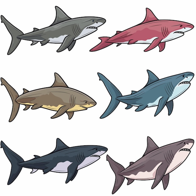 Vector seis tiburones de dibujos animados nadan en varias direcciones colores gris rojo marrón azul ilustración vectorial marino