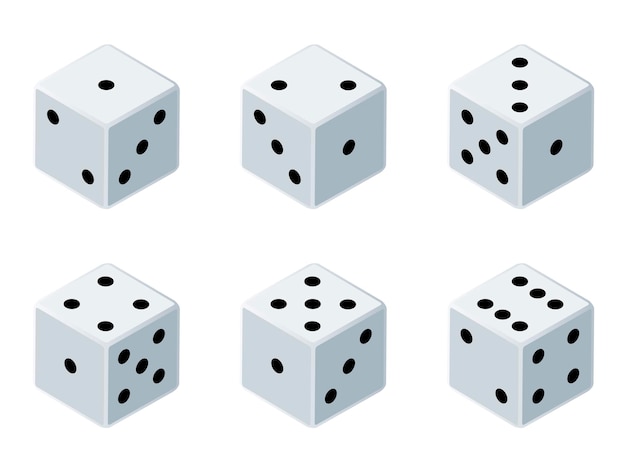 Seis variantes de cubos blancos de juego aislados en iconos de fondo blanco en estilo realista Concepto de juego