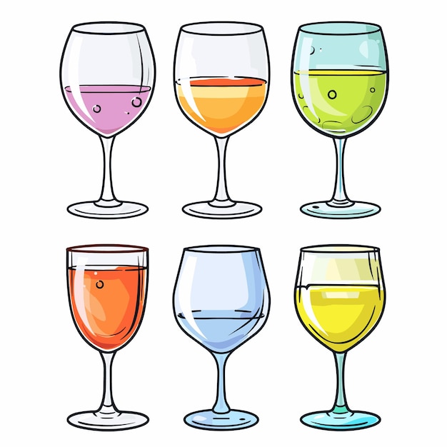 Seis vasos de vino de colores llenos de diferentes colores líquidos bebida ilustración estilo de dibujos animados