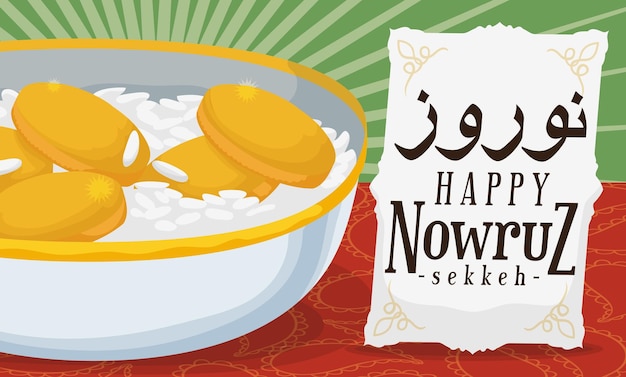 Sekkeh o cuenco con arroz y monedas que representan prosperidad y riqueza en el Año Nuevo iraní o Nowruz