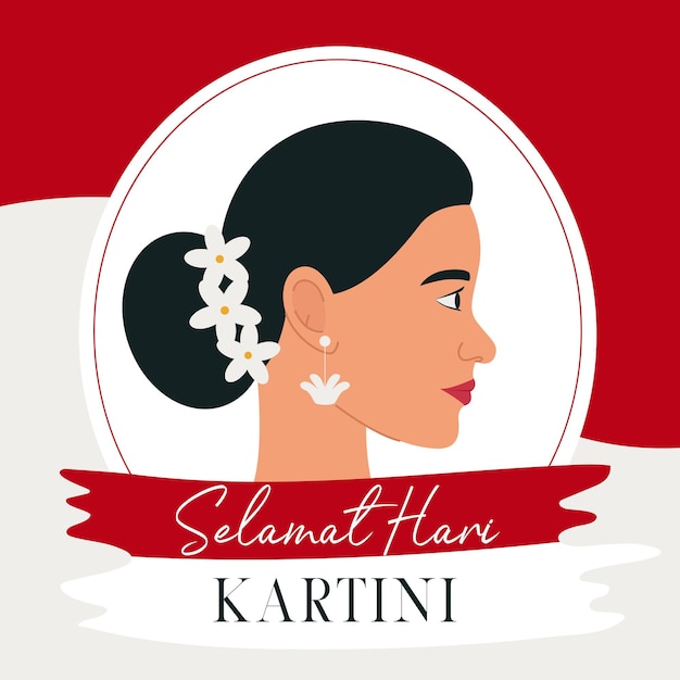 Selamat Hari Kartini significa feliz día de Kartini Kartini es una heroína indonesia Perfil de una mujer asiática con cabello oscuro sobre un fondo de bandera indonesia roja y blanca Ilustración vectorial plana