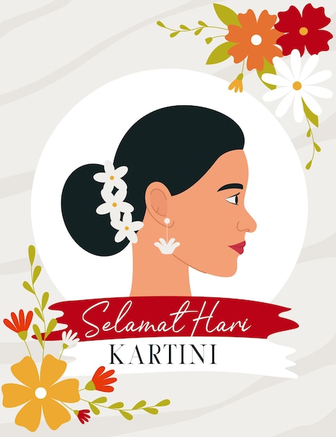 Selamat Hari Kartini significa feliz día de Kartini Kartini es una heroína indonesia Perfil de una mujer de cabello oscuro rodeada de flores Ilustración vectorial plana