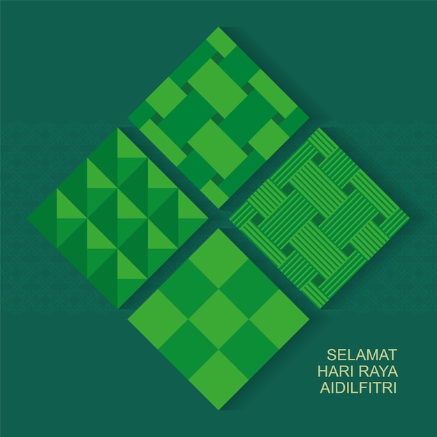 Selamat hari raya aidilfitri ilustración vectorial con ketupat con patrón islámico como fondo