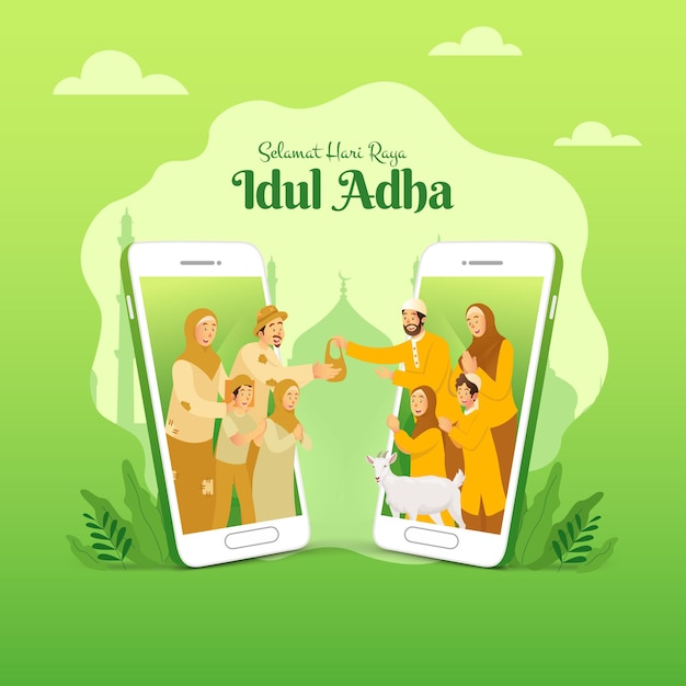 Selamat hari raya idul adha es otro idioma del feliz eid al adha en indonesio. familia musulmana que comparte la carne del animal sacrificado para los pobres a través del concepto de pantalla de teléfono inteligente