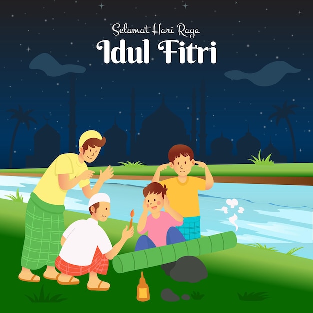 Vector selamat hari raya idul fitri traducción feliz eid mubarak niños jugando meriam bambu cañón tradicional hecho de madera de bambú en la orilla del río para dar la bienvenida al mes de ramadán en indonesia