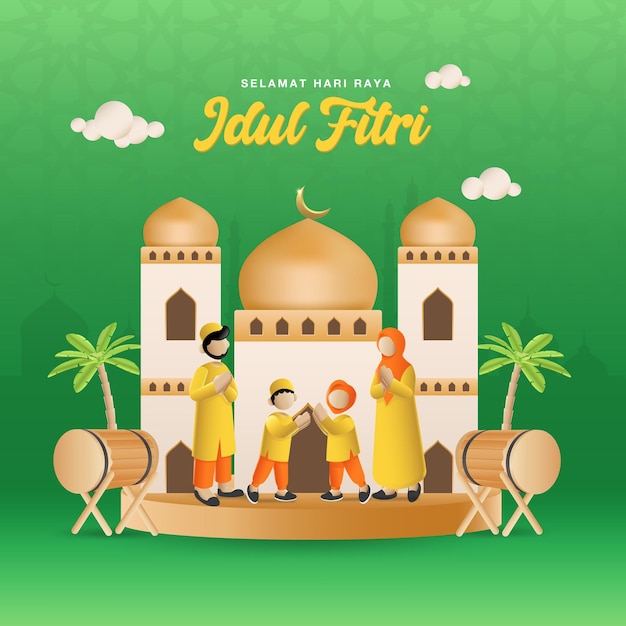 Selamat hari raya Idul Fitri se traduce como Eid al fitr mubarak Bendición familiar musulmana de dibujos animados Eid al fitr en la fuente de la mezquita